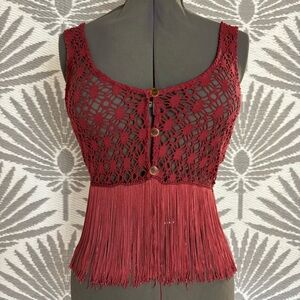 Burgundy Crochet Fringe Tank Top Button Front Sz S Boho Festival Western Hippie